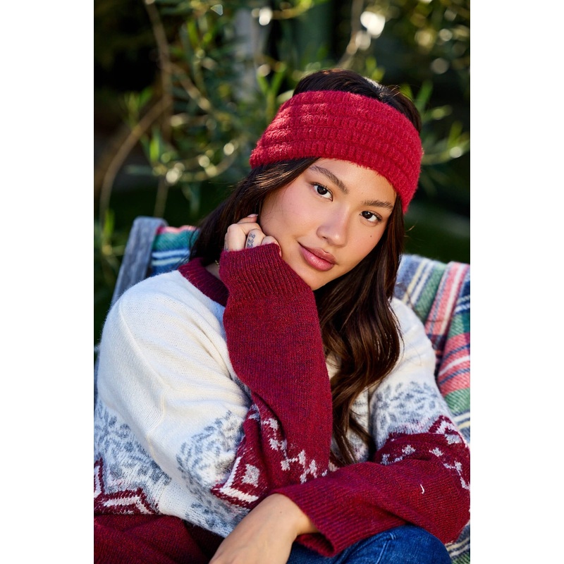 Burgundy Fuzzy Soft Cable Knit Headband