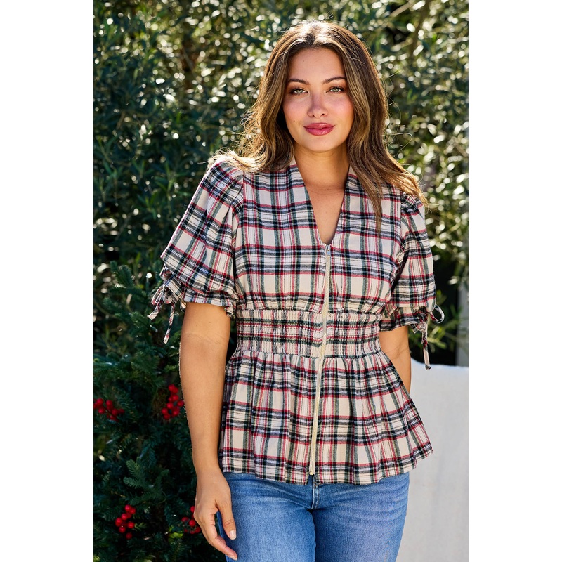 Taupe Plaid Puff Sleeve Smock Top Small