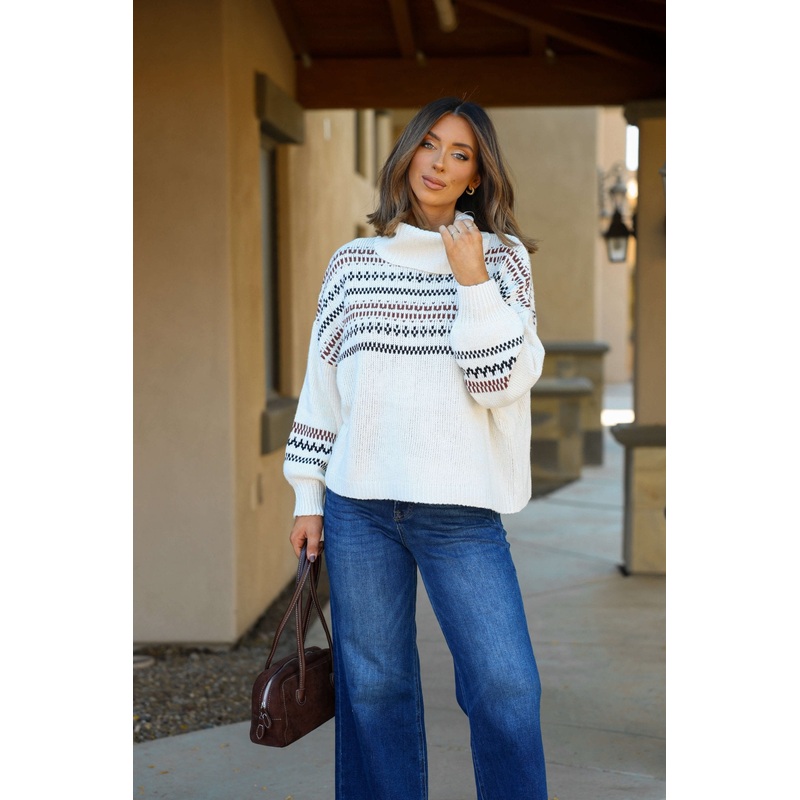 Cream Aztec Print Turtleneck Sweater Small/Medium