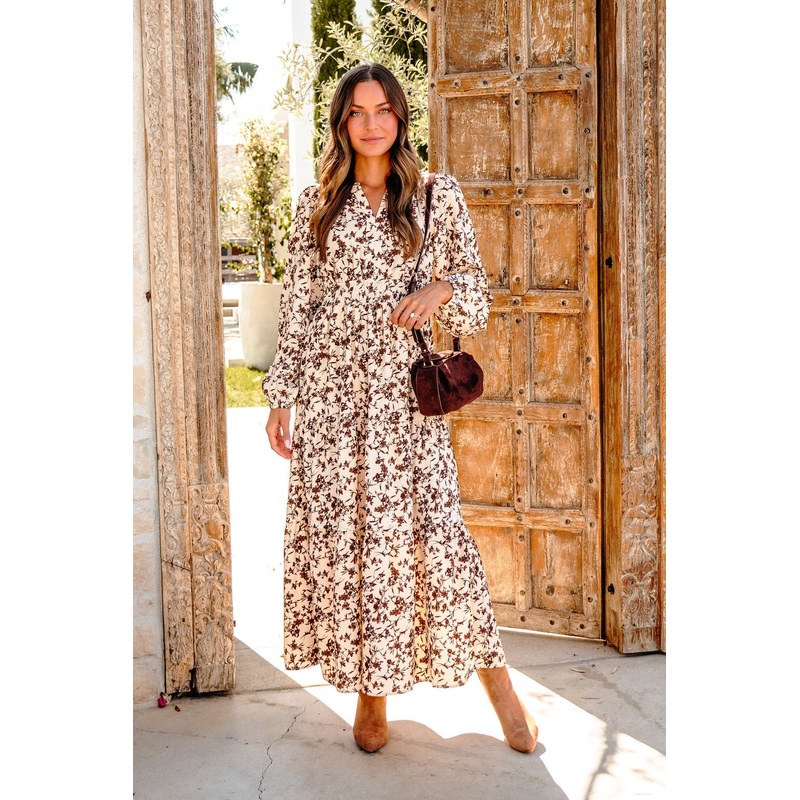 Cream Multi Floral Print Tiered Midi Dress Small