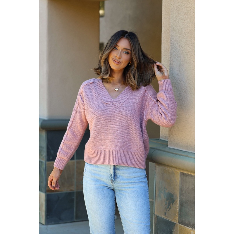 Dusty Rose Seam Detail V Neck Sweater Small