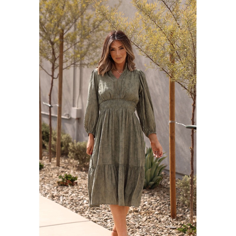 Earthy Olive Floral Print Midi Dress Small