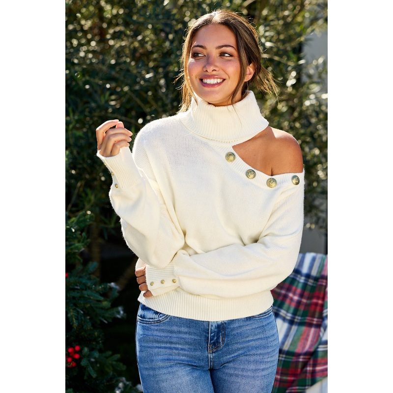 Elan Cold Shoulder Turtleneck Sweater – Ivory Small