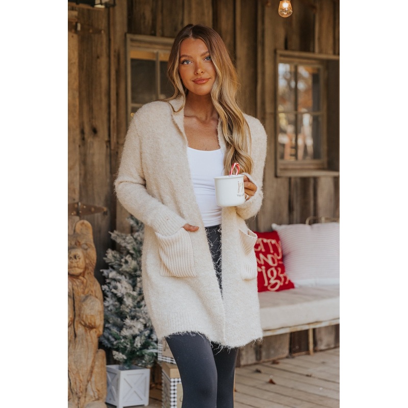 Fuzzy Beige CozyKnit Patch Pocket Cardigan Extra Small