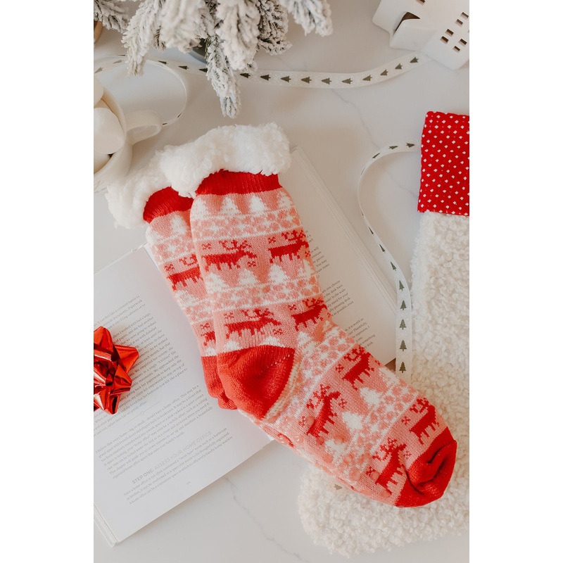 Fuzzy Fleece Red Nordic Christmas Socks ONE SIZE