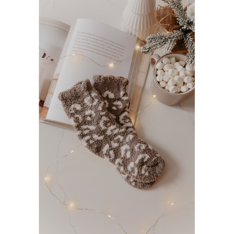 Leopard Print Fuzzy Crew Socks – Taupe