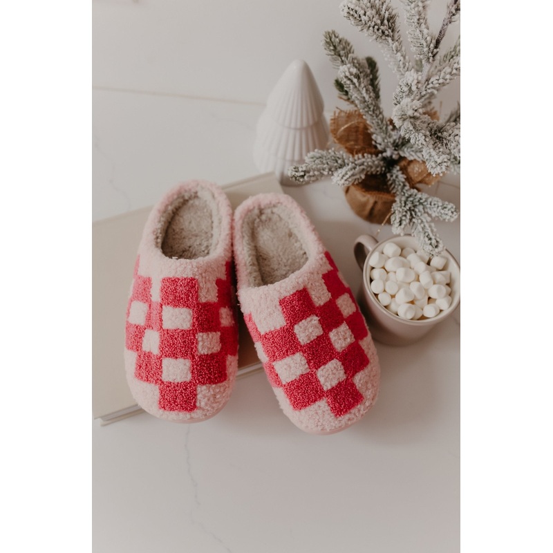 Pink Checkered Faux Plush Slippers Small