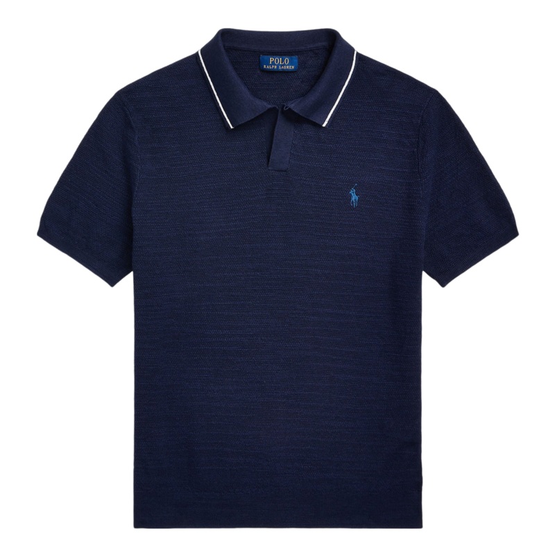 Polo Ralph Lauren Textured Cotton-Linen Short Sleeve Polo Sweater Bright Navy Medium