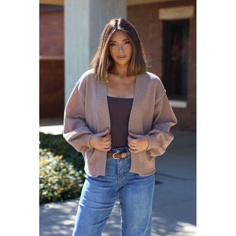 Taupe Textured Open Front Cardigan Small