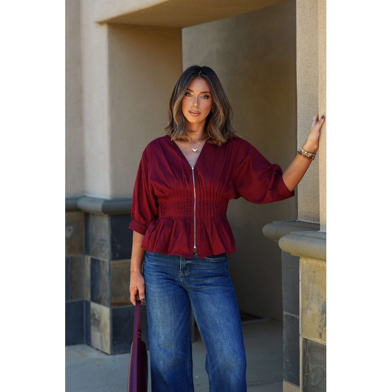 Wine Ruched Zip Up Flare Top Small