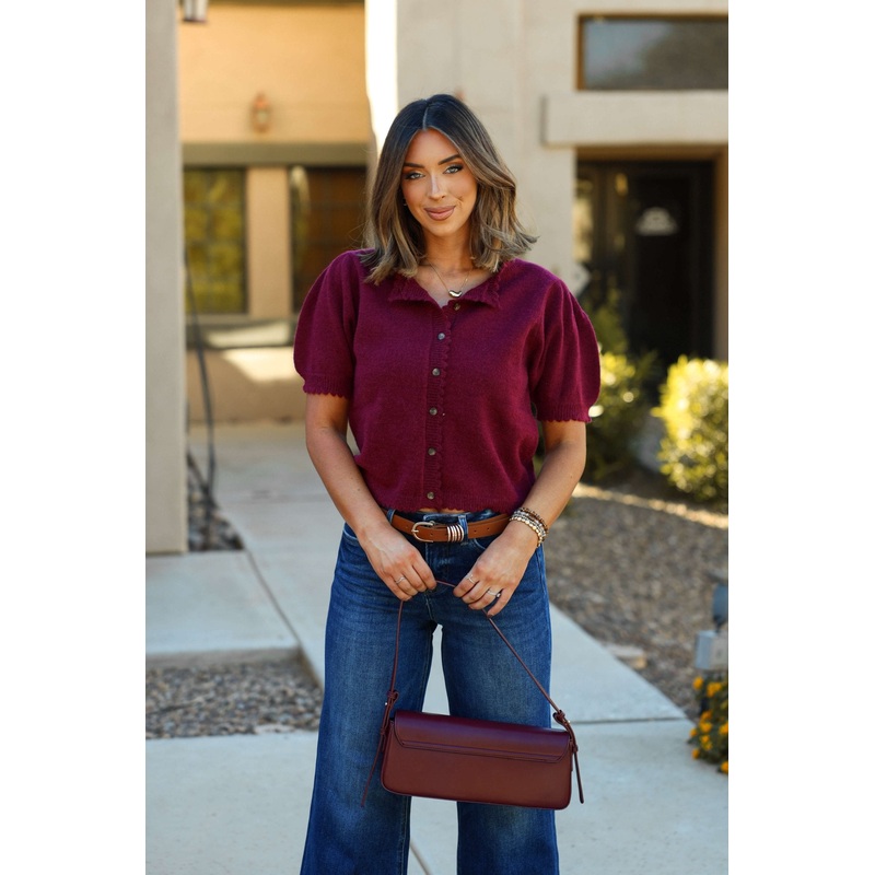 Wine Short Sleeve Button Down Sweater Small