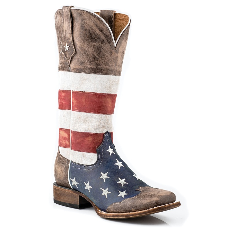 Womens American Flag Leather Texas Star Cowboy Boot Distressed Brown Red White And Blue 3 R