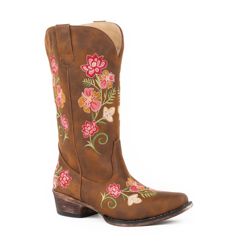 Womens Fashion Cowboy Boot Vintage Cognac Faux Leather With All Over Floral Embroidery 5 R
