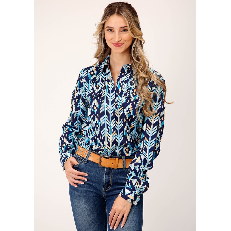 Womens Long Sleeve Snap  Modern Aztec Print Western  Western Shirt XS