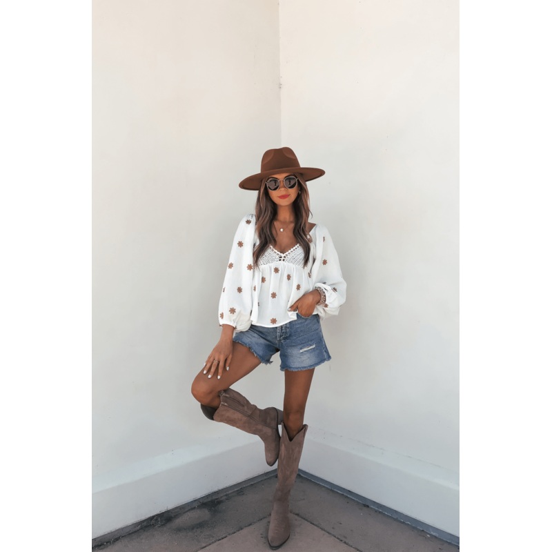 Danielle White Embroidered Crochet Top Small