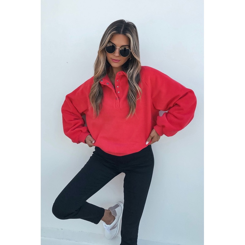 Red Button Up Fleece Pullover Small