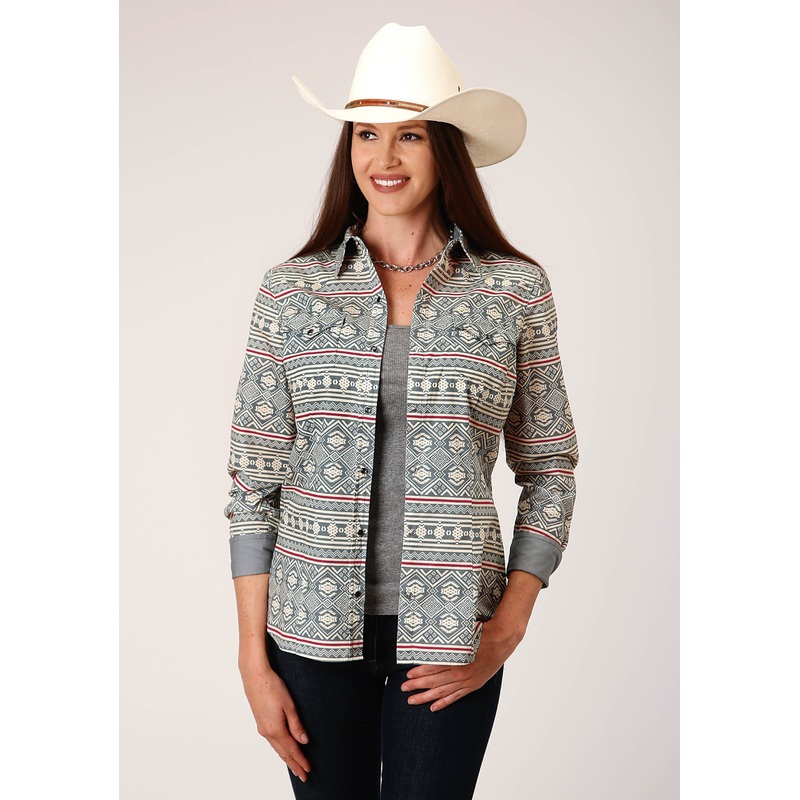 Womens Long Sleeve Snap Tribal Texture Print Western Shirt XS