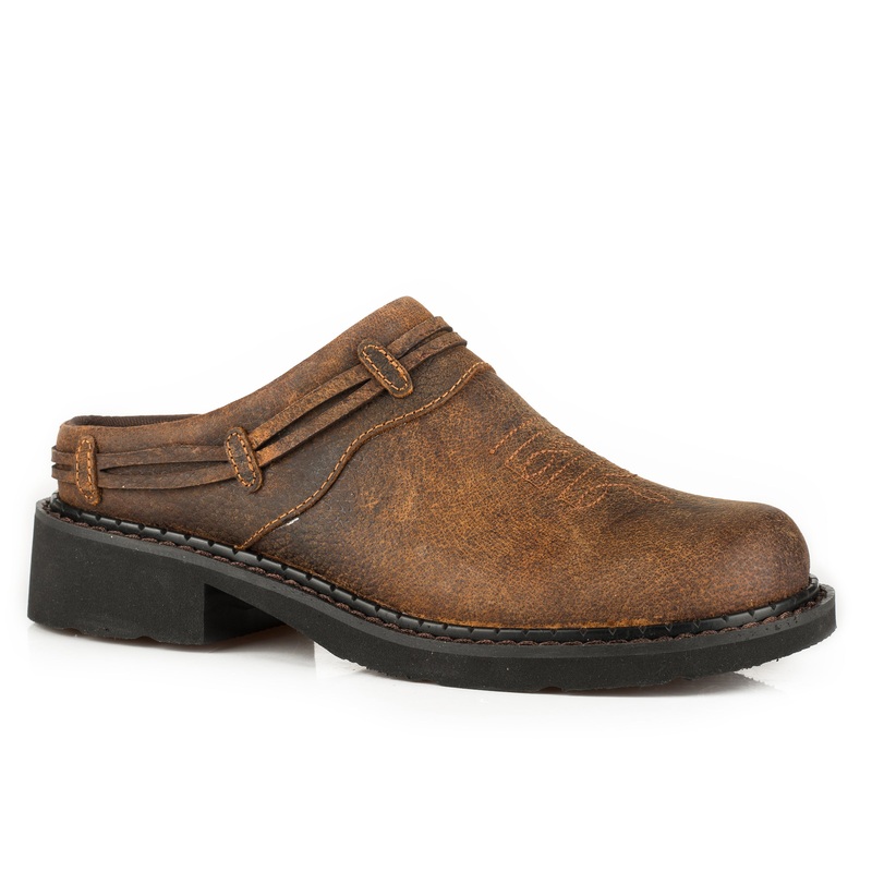 Womens Mule On Chunk Outsole Brown Crazy Horse Leather With Laced Saddle Vamp 5 R