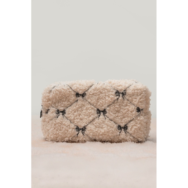 Cream Cherie Sherpa Cosmetic Pouch Bag