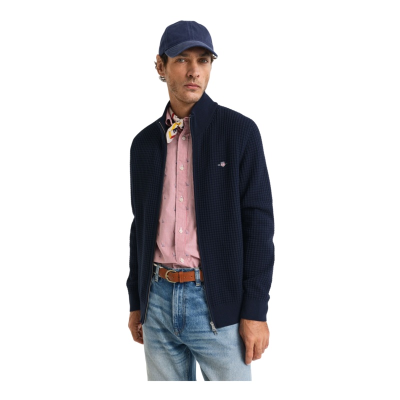 GANT Textured Cotton Zip Cardigan Evening Blue Medium