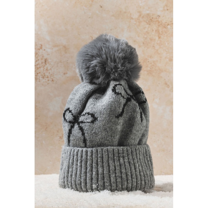 Grey Bow Print Pom Beanie