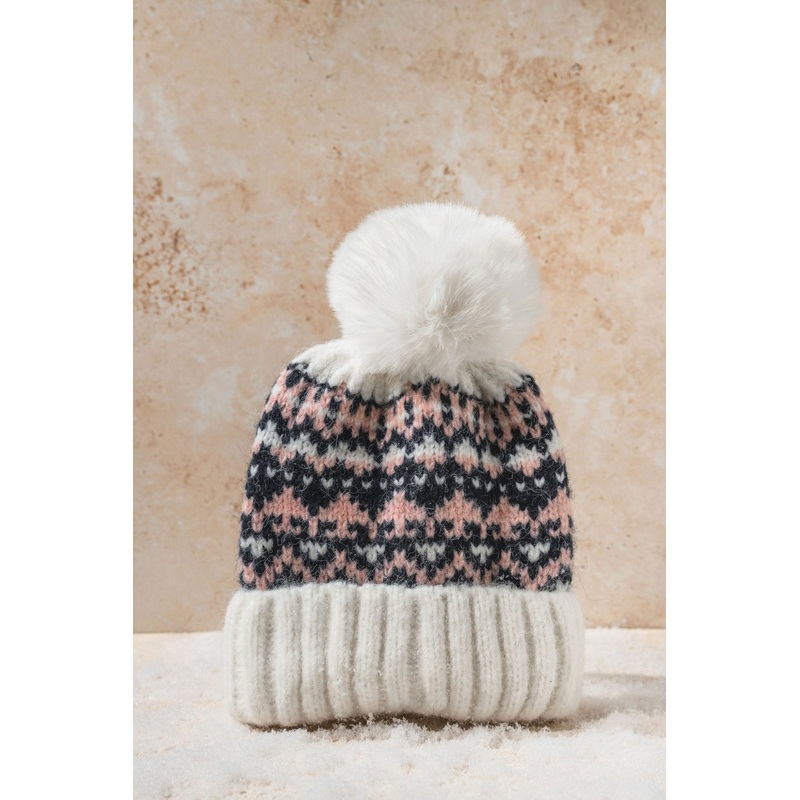 White Aztec Pom Beanie