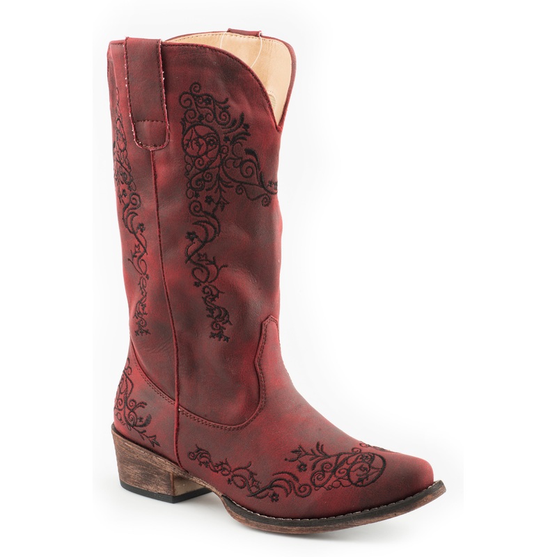 Womens Fashion Cowboy Boot Vintage Red Faux Leather And All Over Embroidery 5 R
