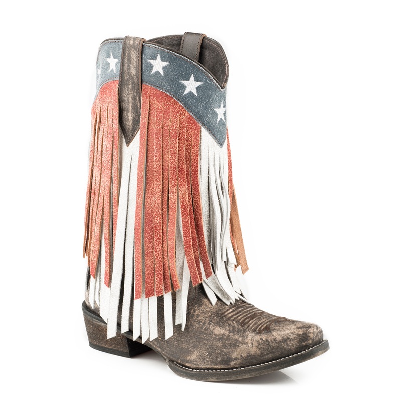 Womens Leather Cowboy Boot Sanded Vintage Brown Vamp With Red And White Fringe And Star Crown 5 R