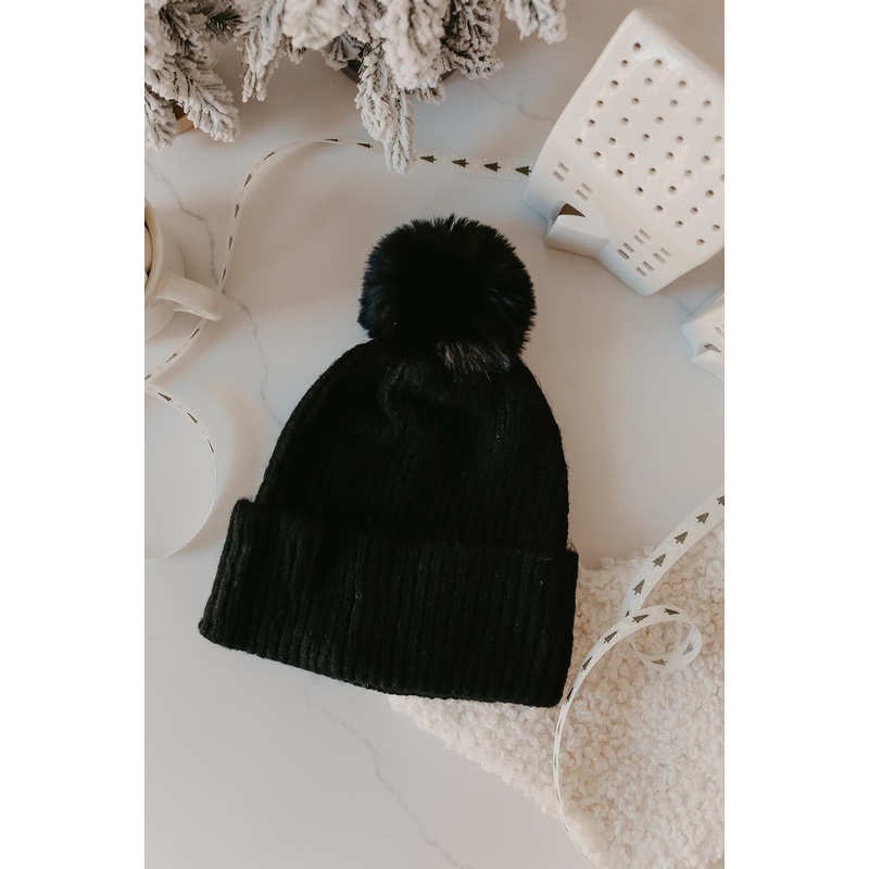 Cozy Black Ribbed Pom Beanie