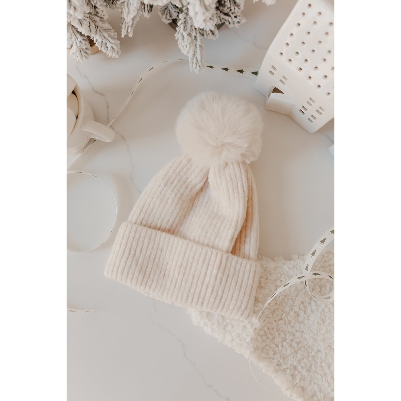 Cozy Ivory Ribbed Pom Beanie