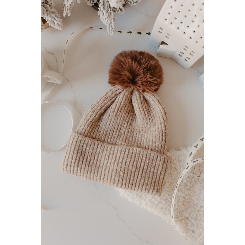 Cozy Khaki Ribbed Pom Beanie