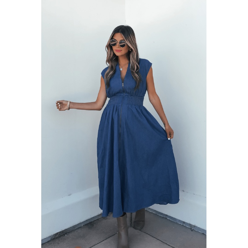 Denim Smocked Zip Up Midi Dress Small