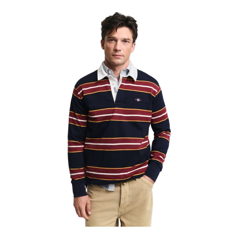 GANT Yarn Dyed Striped Heavy Rugger Rugby Shirt Evening Blue Medium