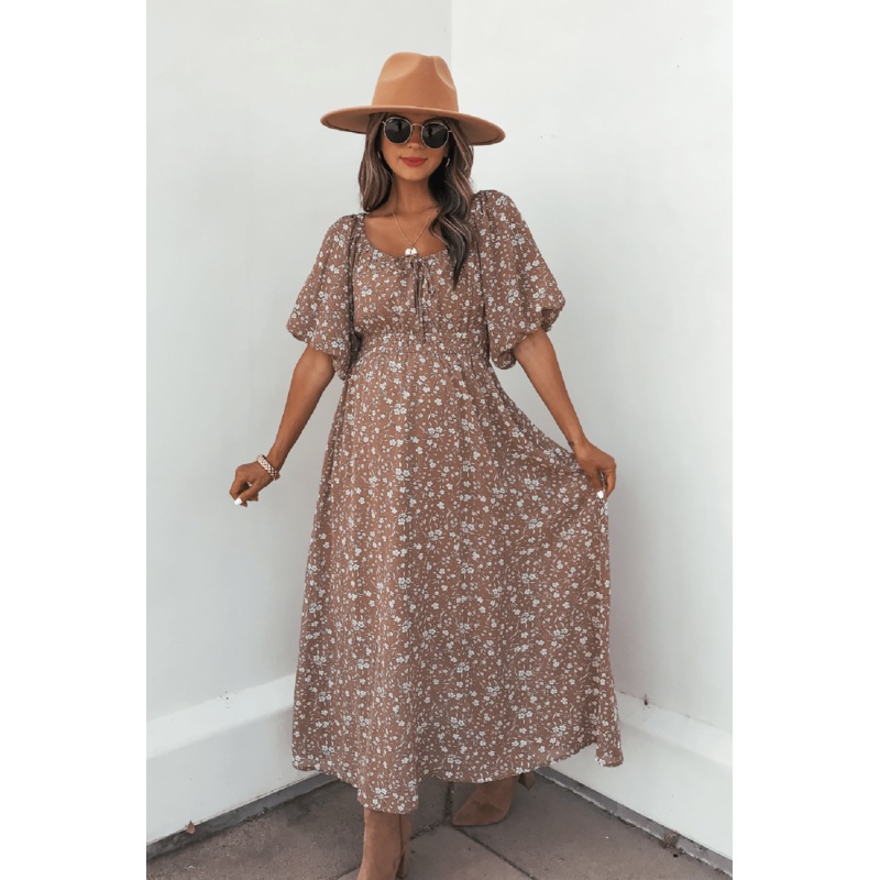 Mocha Floral Print Smocked Midi Dress Small