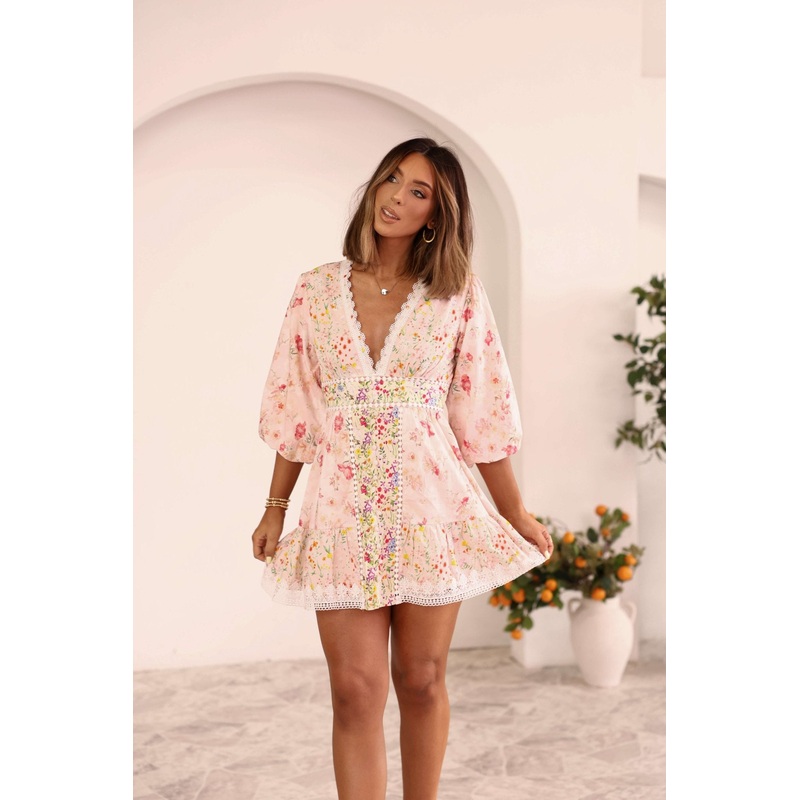 Pink Floral Print Crochet Mini Dress – DOORBUSTER Small