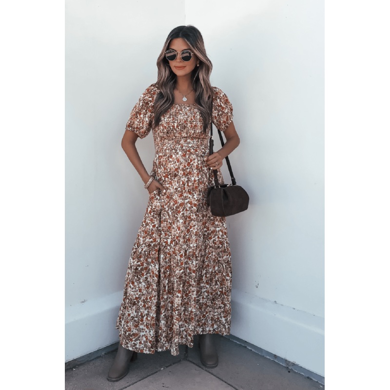 Rust Floral Print Midi Dress Small