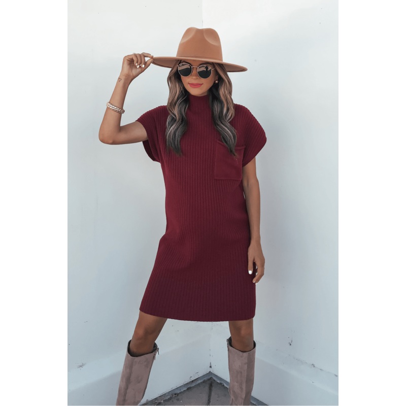 Wine Mock Neck Mini Sweater Dress Small