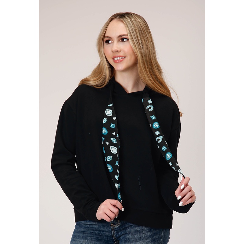 Womens Cotton Fleece Slouchy Pullover Hoodie With Contrast Fabric Bandana Hood Ties XS