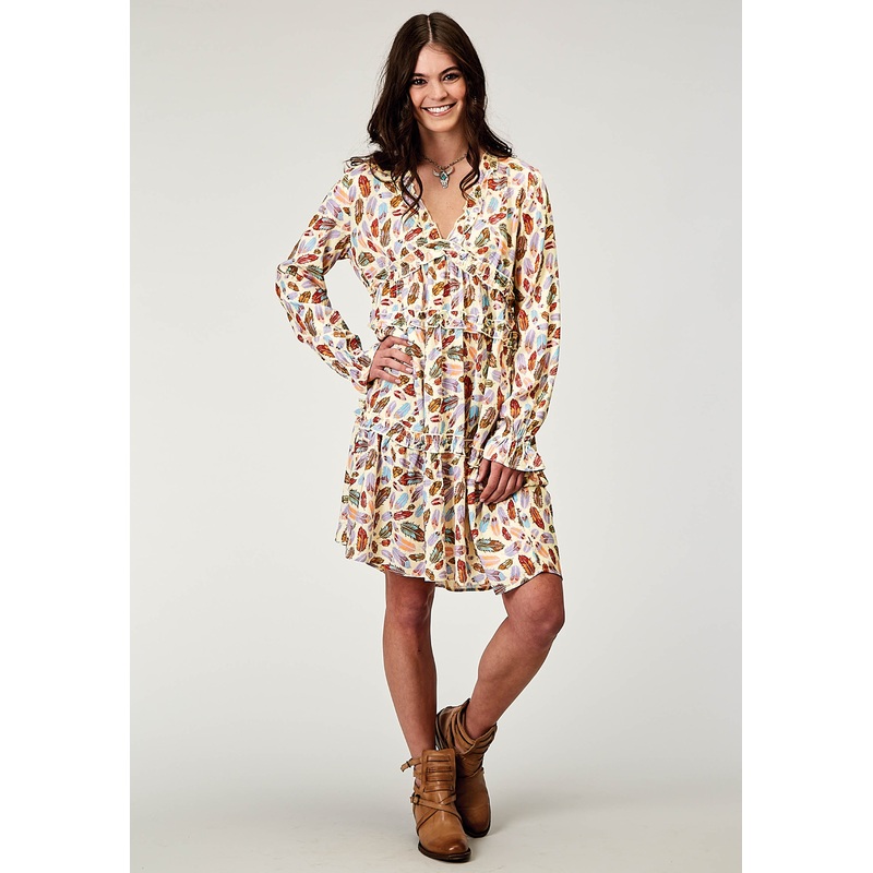 Womens Long Sleeve Feather Toss Printed Rayon Dress With V Neck 2 Tier Sleeve Self Ruffles XS