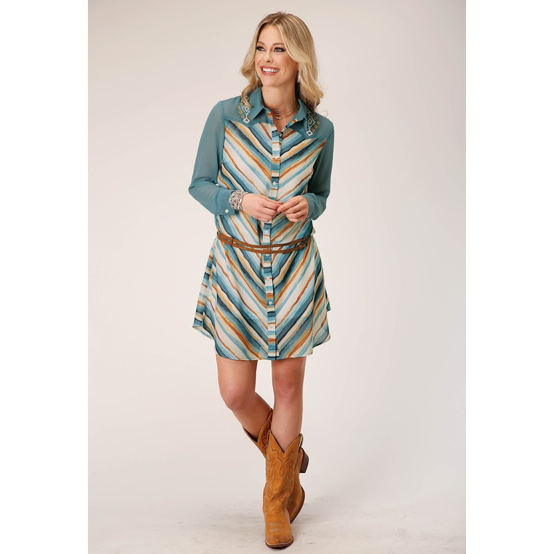 Womens Long Sleeve Watercolor Stripe Print Shirt Dress With Contrast Denim Yokes And Sleeves XS