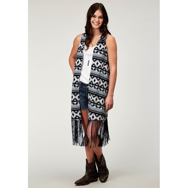 Womens Navy Aztec Printed Rayon Vest With Racer Back Cardigan Long Fringe Trim XS