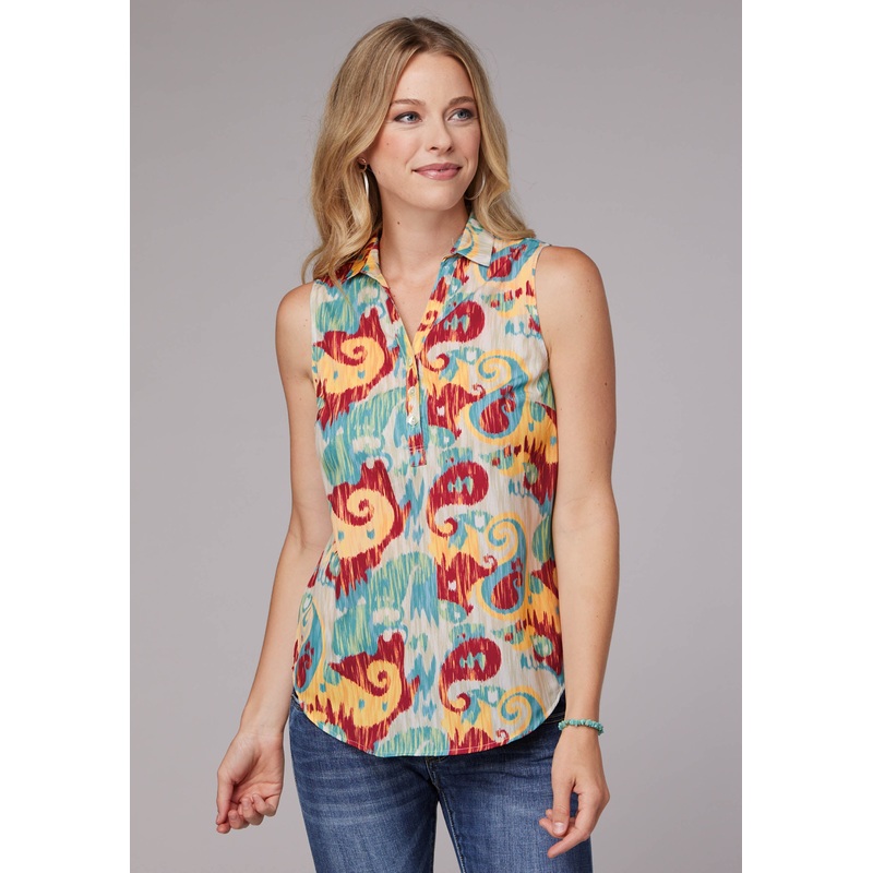 Womens Sleeveless Button Ikat Paisley Print Poly Crepe Blouse XS