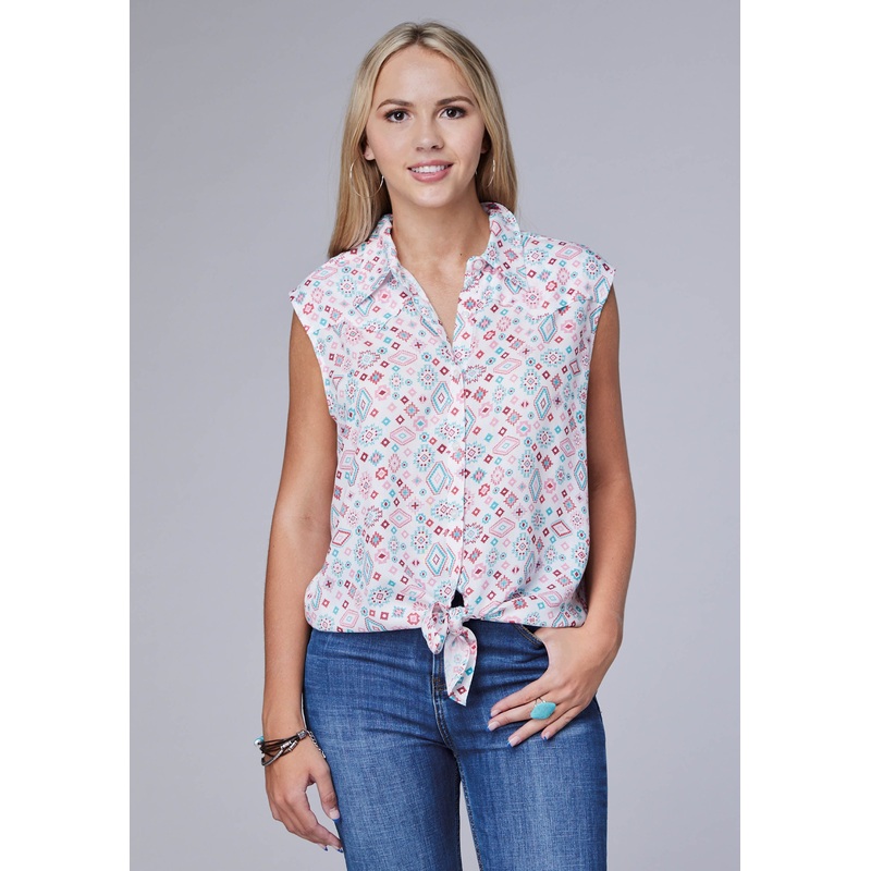 Womens Sleeveless Button Scattered Aztec Printed Rayon Blouse With Retro Tie Front XS