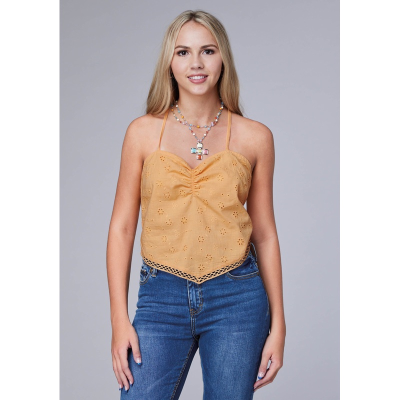 Womens Sleeveless Eyelet Bandana Tank With Adjustable Straps And Ruched Back Panel Front Trim XS