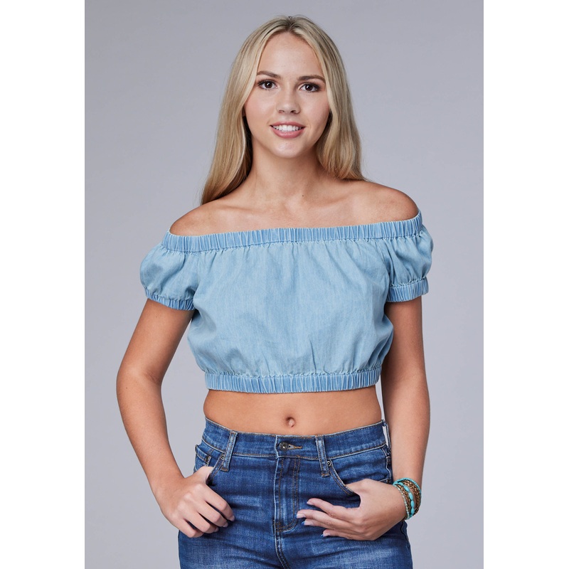 Womens Sleeveless Light Blue Denim Top Twith Elastic Around Neckline Cuff And Hemline XS