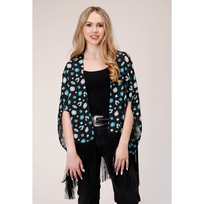 Womens Sleeveless Pullover Jewelry Print Cardigan With Extra Long Poly Fringe Trim XS/S