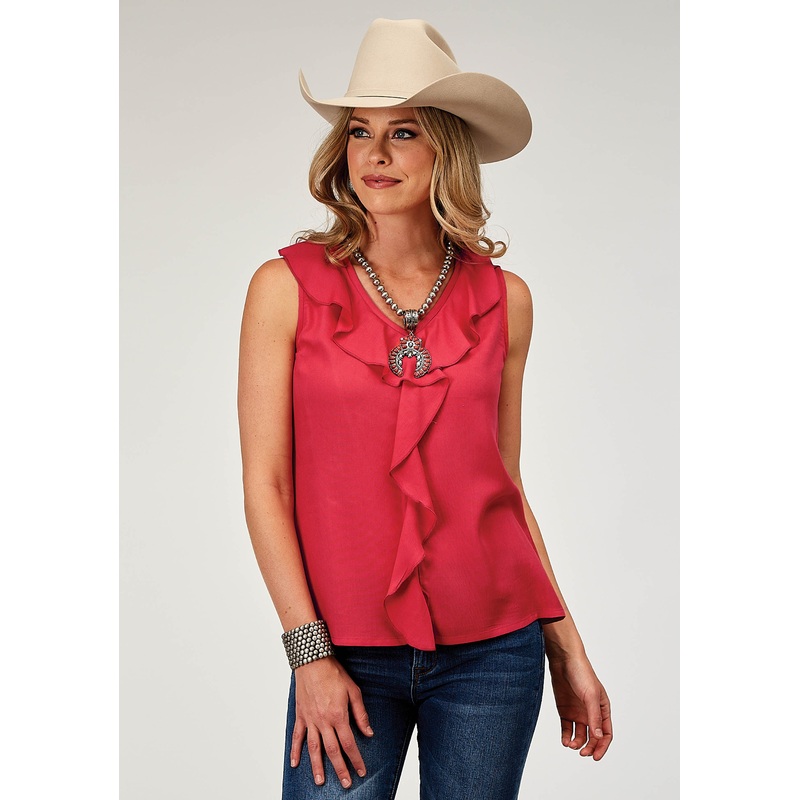 Womens Sleeveless Rayon Challis Blouse With Ruffles XS