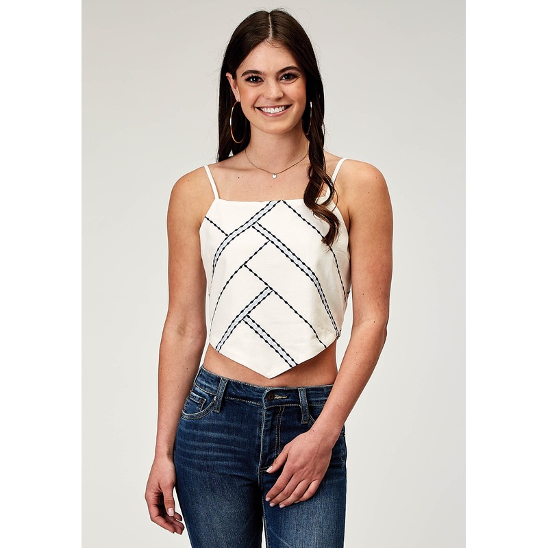 Womens Sleeveless Rayon Flex Cotton Bandanna Tank Top With Adjustable Spaghetti Straps Embroidery Tie In Back XS