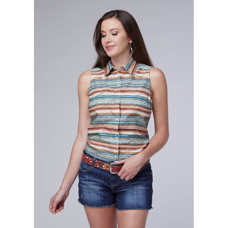 Womens Sleeveless Snap Distressed Aztec Print Top XS