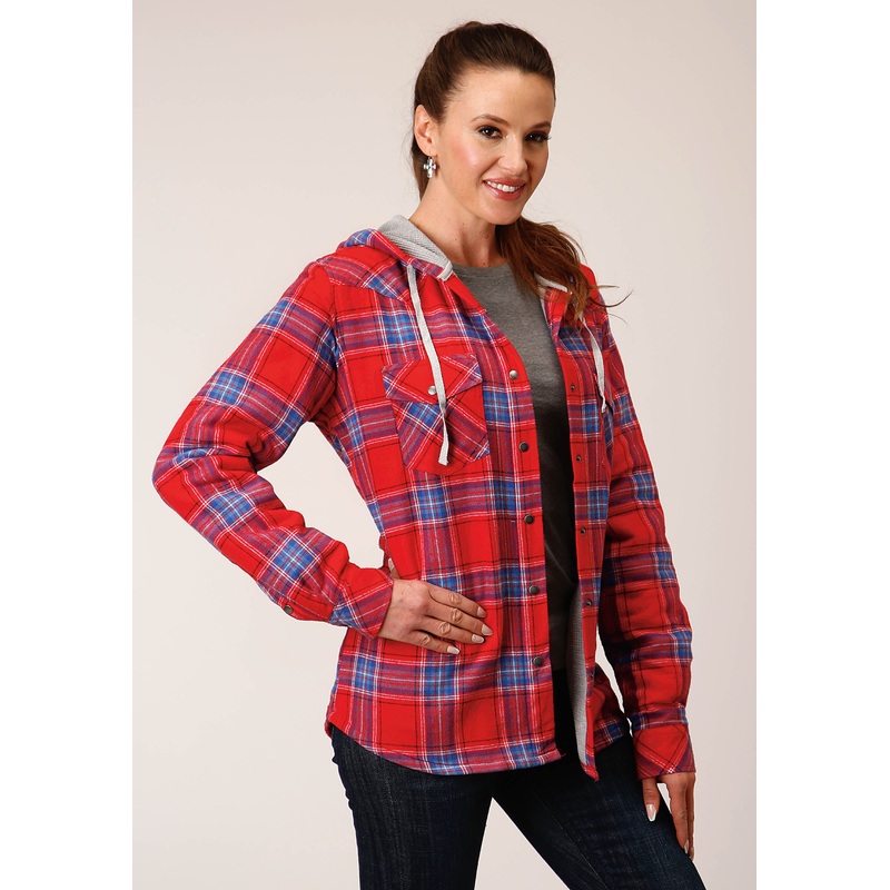 Womens Snap Thermal Lined Flannel Shirt Jacket Coral Blue White Plaid S